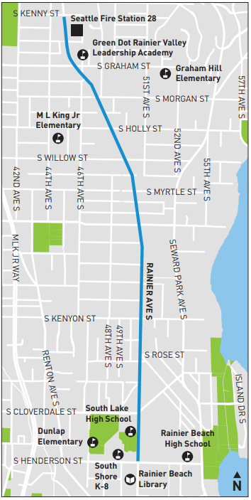 Phase 2 of the Rainier rechannelization will happen from S Kenny St to S Henderson St. (City of Seattle)
