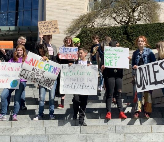 Fridays for the Future: Youth Climate Activists Rally at City Hall At the first organized Fridays for the Future strike in front of Seattle City Hall a small, but committed group of youth demanded that local government take action on climate change by investing in affordable housing and free public transit. Photo by author.