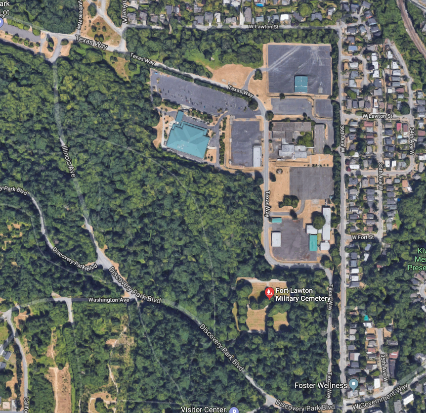The former Fort Lawton site is surrounded by Discovery Park. Critics have used the site's secluded location and infrequent public transit as a rationale for not redeveloping it into an affordable housing community, despite the fact it is one of the only parcels available for the City of Seattle to acquire for redevelopment at low or no cost. Credit: Google Maps