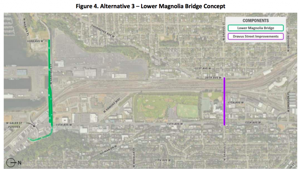Alternative 3 would only reconstruct the Magnolia Bridge's lower portion to access industrial areas. (City of Seattle)