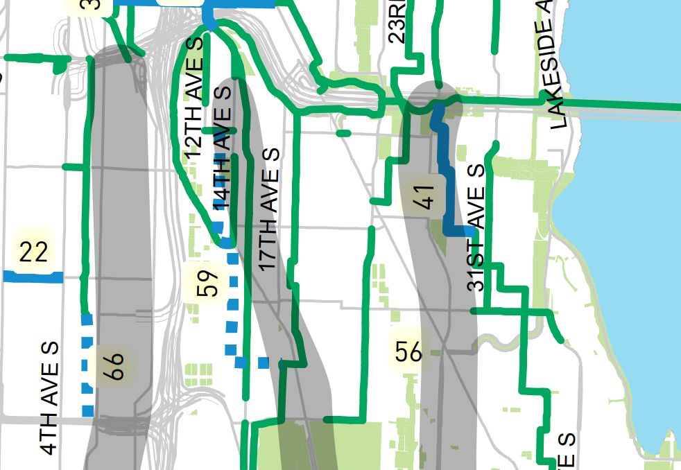 Southeast Seattle Connections with "study areas" shown in gray. Only one, on MLK, has funding identified. (City of Seattle)