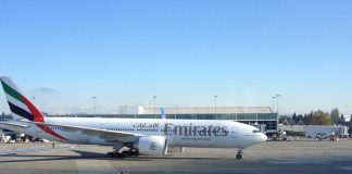 Emirates plane taxiing at Sea-Tac International Airport.