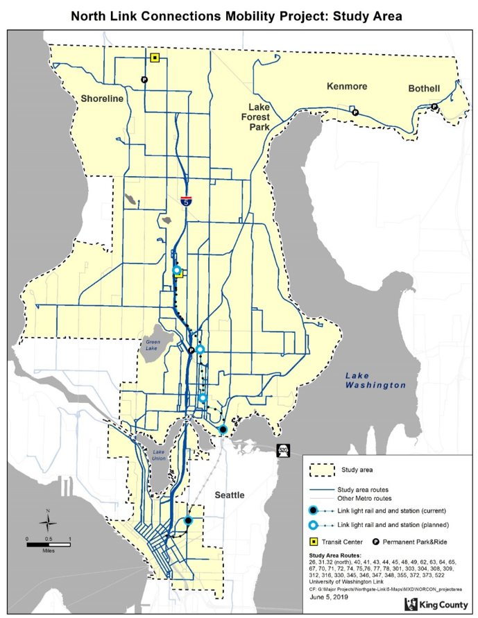 The study area and possible routes affected by the bus-to-Link restructure effort. (King County)