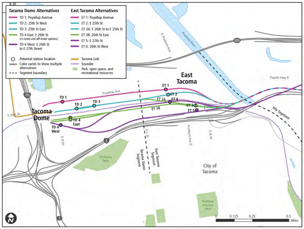 A map showing both the Tacoma Dome and East Tacoma Alternatives for light rail. 