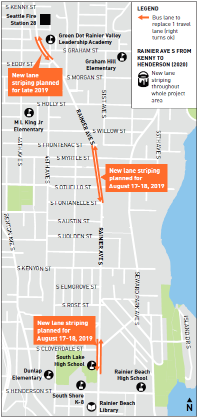 Locations for BAT rechannelization along Rainier Ave S in 2019. (City of Seattle)