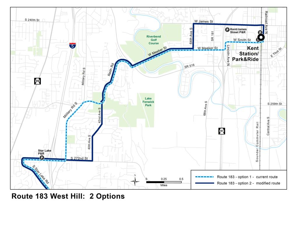Comparison of existing and proposed service on Route 183 in the West Hill area. (King County)