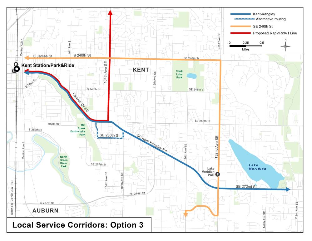 Option 3 for corridor service options in East Hill and Lake Meridian. (King County)
