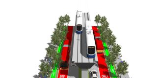 A elevated rail line down the middle of Aurora Avenue with bike lanes, bus lanes, and a row of trees on the side.