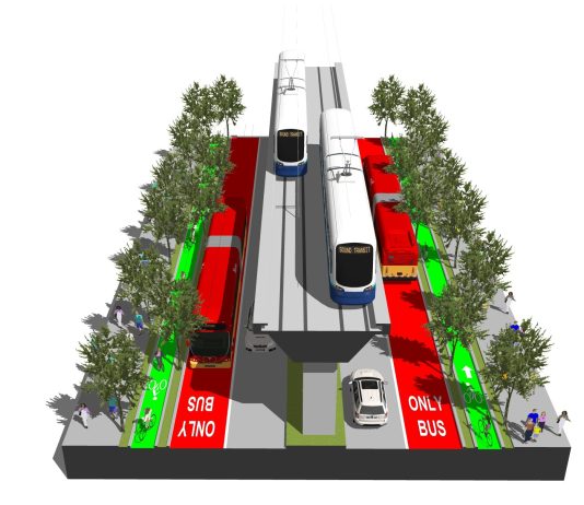 Seattle Subway Promotes Aurora Avenue Light Rail with New Renderings A elevated rail line down the middle of Aurora Avenue with bike lanes, bus lanes, and a row of trees on the side.