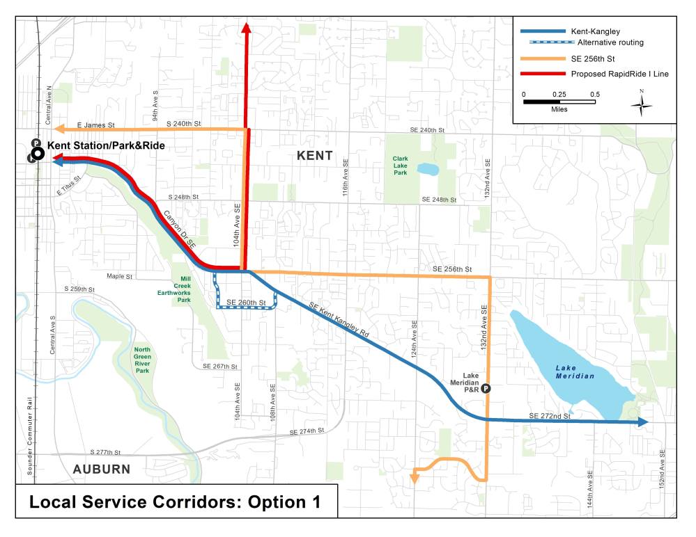 Option 1 for corridor service options in East Hill and Lake Meridian. (King County)