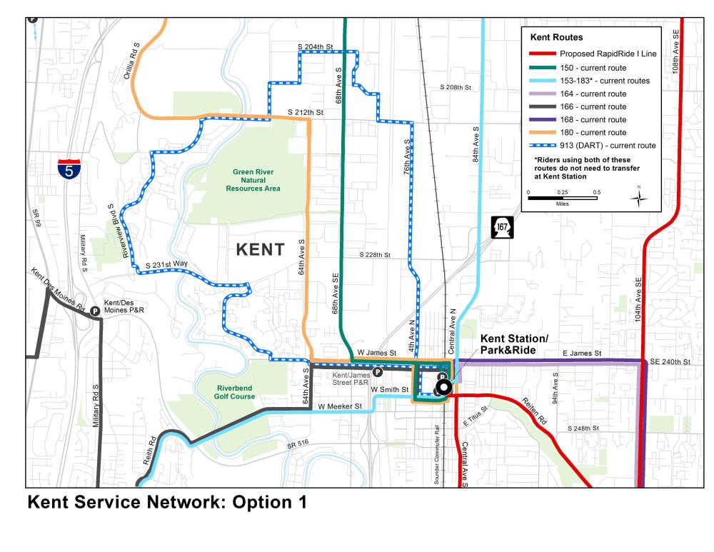 Option 1 would retain the existing Kent Valley network for local all-day bus routes. (King County)