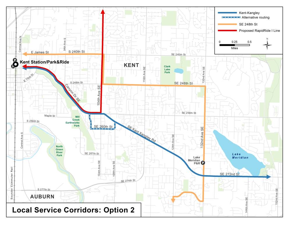 Option 2 for corridor service options in East Hill and Lake Meridian. (King County)