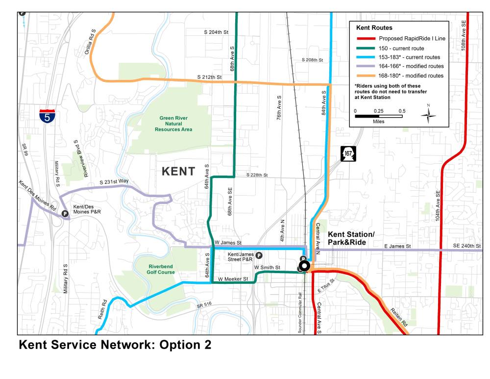 Option 2 would restructure Kent Valley network for local all-day bus routes. (King County)