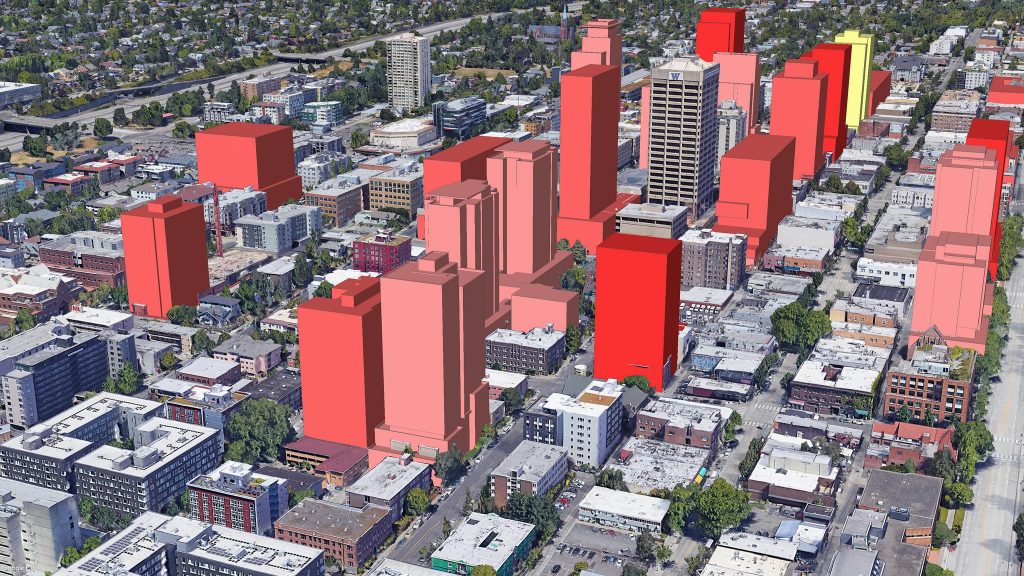 A smattering of tall red boxes show the envelopes for future highrises being planned.