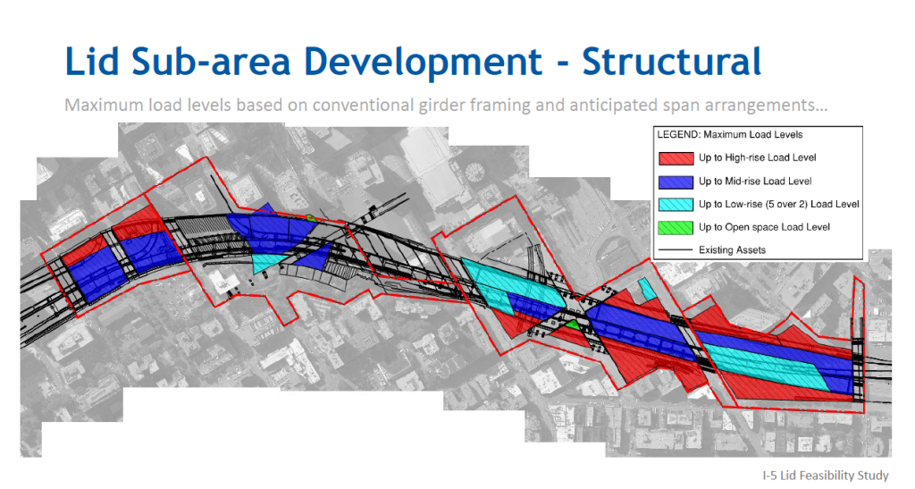 As the map above illustrates, the preliminary data suggests that the lid's edges would be most appropriate for highrise development, while much of the remainder of the lid could carry either mid-rise or low-rise development. (Credit: WSP)