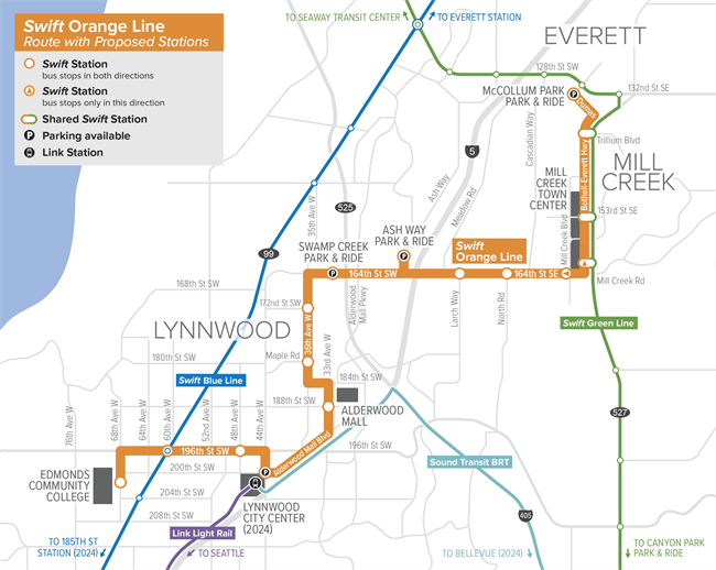 The planned Swift Orange Line and its relationship to other major transit facilities and corridors. (Community Transit)