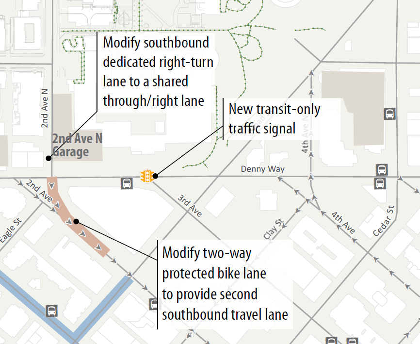 Map from the Arena Access Management Plan showing the planned changes to 2nd Ave N and Denny Way. (City of Seattle)