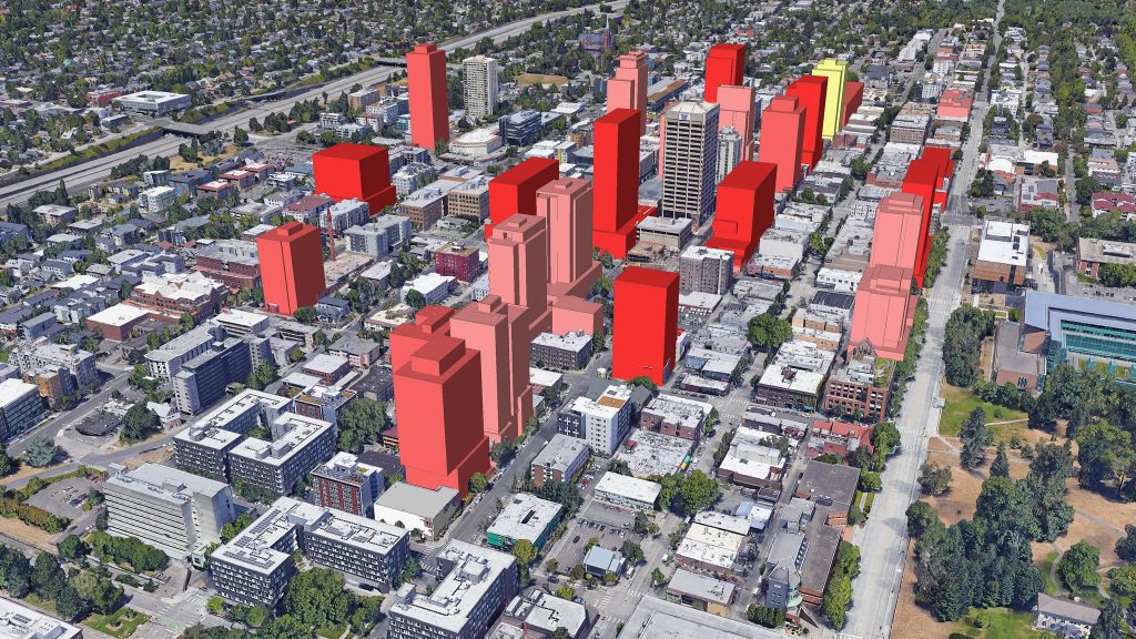 If highrise projects in the pipeline (or at least rumored) are built, the U District skyline will be shaped something like this. (Credit: David Boynton)