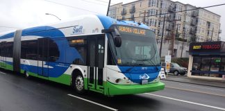 Swift Blue Line bus on the highway.