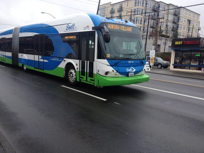 Swift Blue Line bus on the highway.