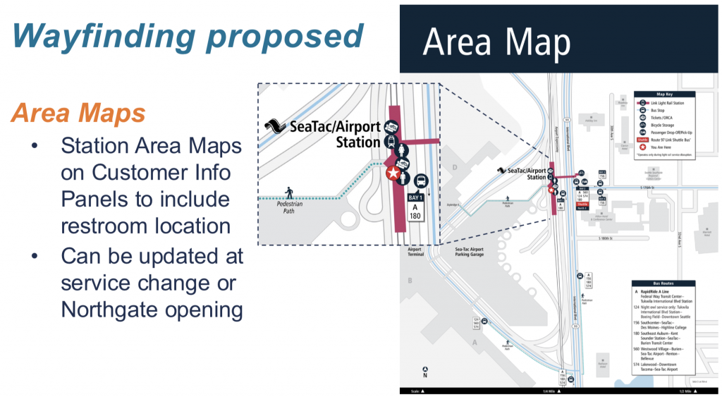Concept for area maps with restroom locations identified. (Sound Transit)