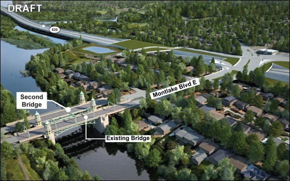 An aerial image shows a second bascule bridge next to the existing Montlake Bridge.