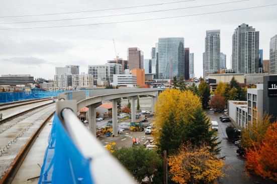 Downtown Bellevue looms in the background above the guideway leading up to Wilburton Station. (Sound Transit)