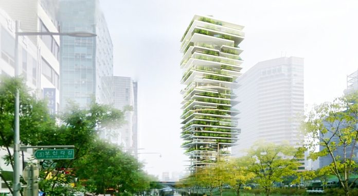 A vertical farm proposed in Seoul seeks to bring fresh organic food closer to consumers. (Courtesy of Zoubeir Azouz Architecture)