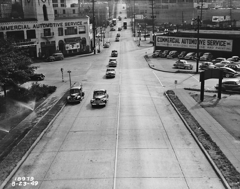 Denny Way in 1949. The $10 million investment in adaptive signals along Denny continue the legacy in relying on the street to be car-oriented above all else. (City archives)