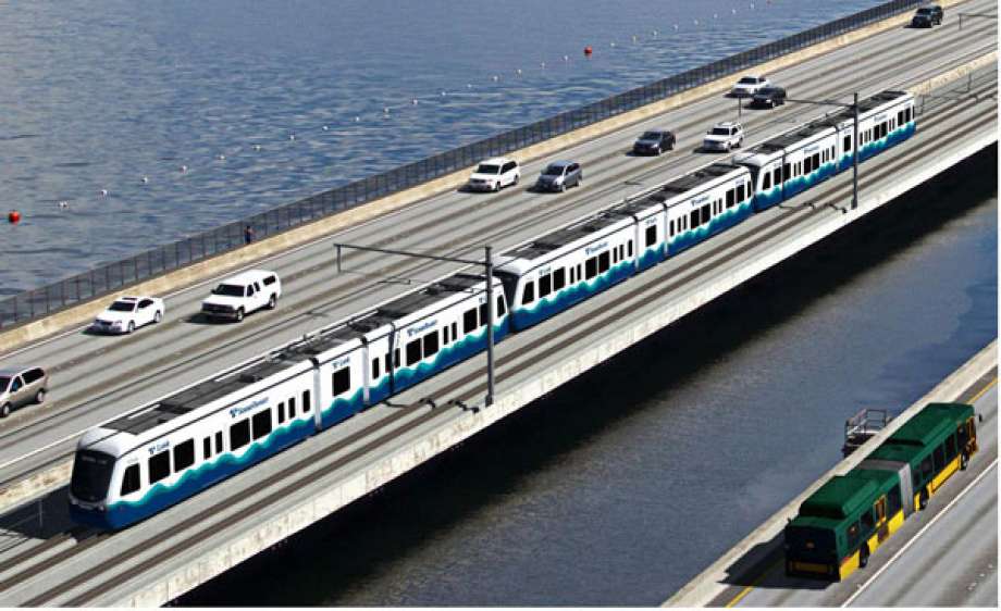 East Link runs on the I-90 floating bridge on special tracks to adjust for rocking motion. (Sound Transit) 