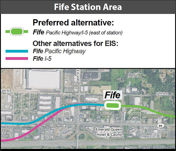 The conceptual alignment and station location for the Fife Station. (Sound Transit)