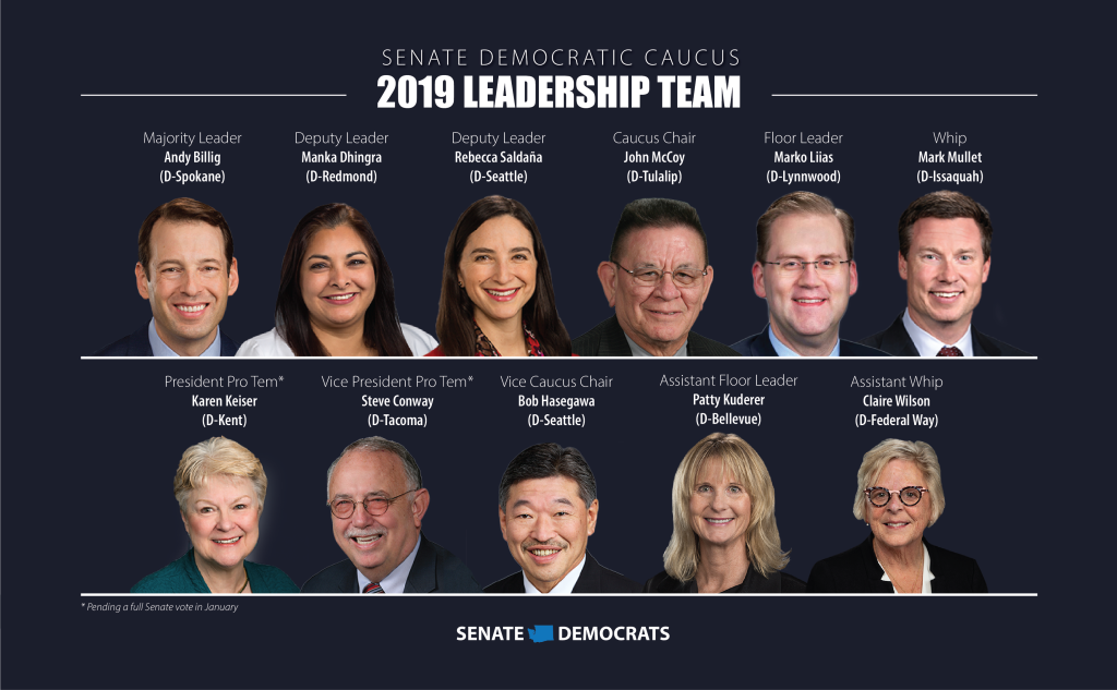 Will the leadership lead? Pictured: Senate Majority Leader Andy Billig (D-Spokane), Deputy Leader Manka Dhingra (D-Remond), Deputy Leader Rebecca Saldaña (D-Seattle), Caucus Chair John McCoy (D-Tulalip), Floor Leader Marko Liias (D-Lynnwood), Whip Mark Mullet (D-Issaquah), President Pro Temp Karen Keiser (D-Kent), Vice President Pro Tem Steve Conway (D-Tacoma), Vice Caucus Chair Bob Hasegawa (D-Seattle), Assistant Floor Leader Patty Kuderer (D-Bellevue), Assistant Whip Claire Wilson (D-Federal Way). Positions are pending a full caucus vote in January. (Senate Democrats)