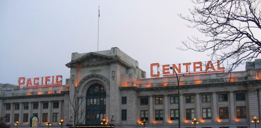 Pacific Central Station in Vancouver is the port of entry for Amtrak Cascades trips. (Photo by Nkocharh, Wikimedia Commons)