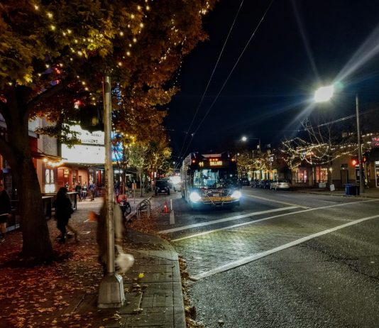 Route 44 Upgrade Pursues Elusive High-Quality Crosstown Service Route 44 heads through downtown Ballard on Market Street on a fall evening. (Photo by Doug Trumm))