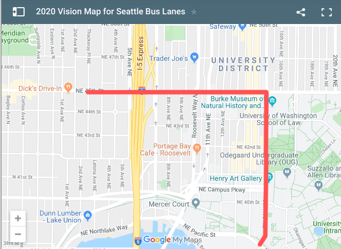 MASS Coalition is pushing for bus lanes for the Route 44 throughout the University District. Red line indicates a NE 45th Street bus lane from Latona Ave NE to 15th Ave NE, and a 15th Avenue NE bus lane from NE 45th St south to NE Pacific St. (Google Map overlay by author)