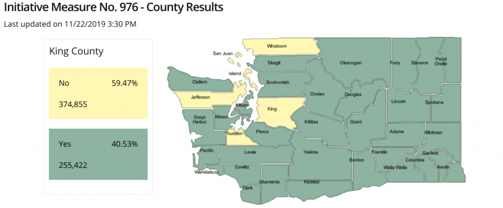 King County soundly rejected I-976 with nearly 60% opposed. It also failed in Whatcom, Thurston, Island, San Juan, and Jefferson county. (Credit: Washington Secretary of State)