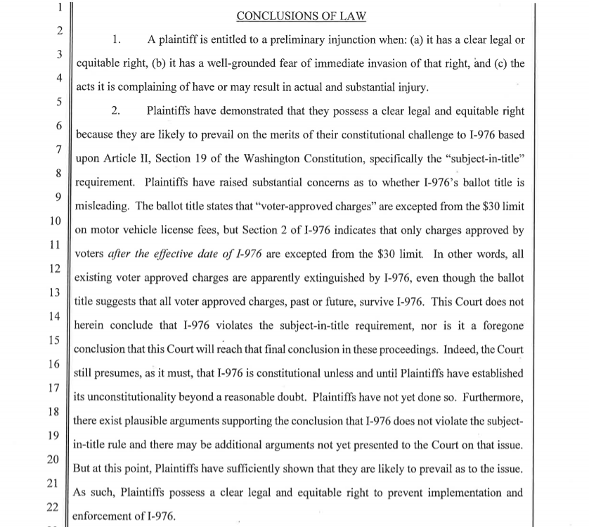 The conclusion of law in Judge Ferguson's ruling on I-976 in favor of the Plaintiffs injunction on implementation. (King County)