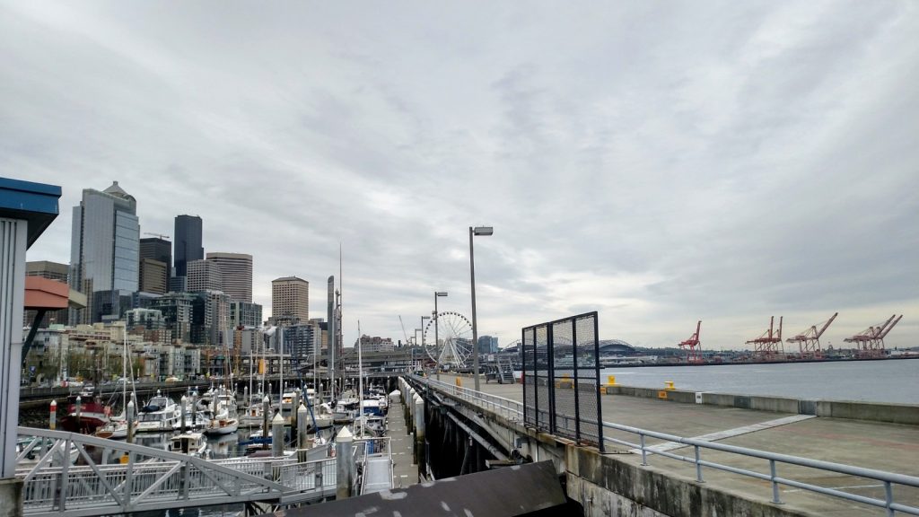 Bell Harbor Marina in the foreground, downtown, and the cranes around Harbor Island. 