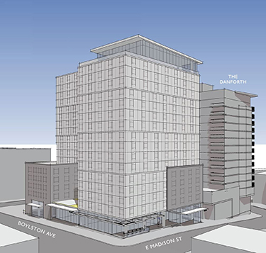 A collaboration between Plymouth and Bellwether at a Sound Transit site gifted to the nonprofit providers, the Madison/Boylston tower in First Hill will provide 362 affordable homes in its 17 stories, as this early rendering shows. (Credit: Weber Thompson)