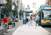Safety and Equity Outcomes Must Guide Seattle Transportation Plan A floating bus stop and protected bike lane on Dexter Avenue. (Photo by Adam Coppola)