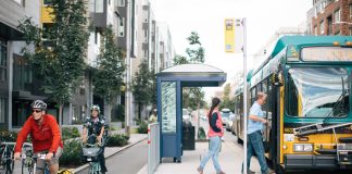 A floating bus stop and protected bike lane on Dexter Avenue. (Photo by Adam Coppola)