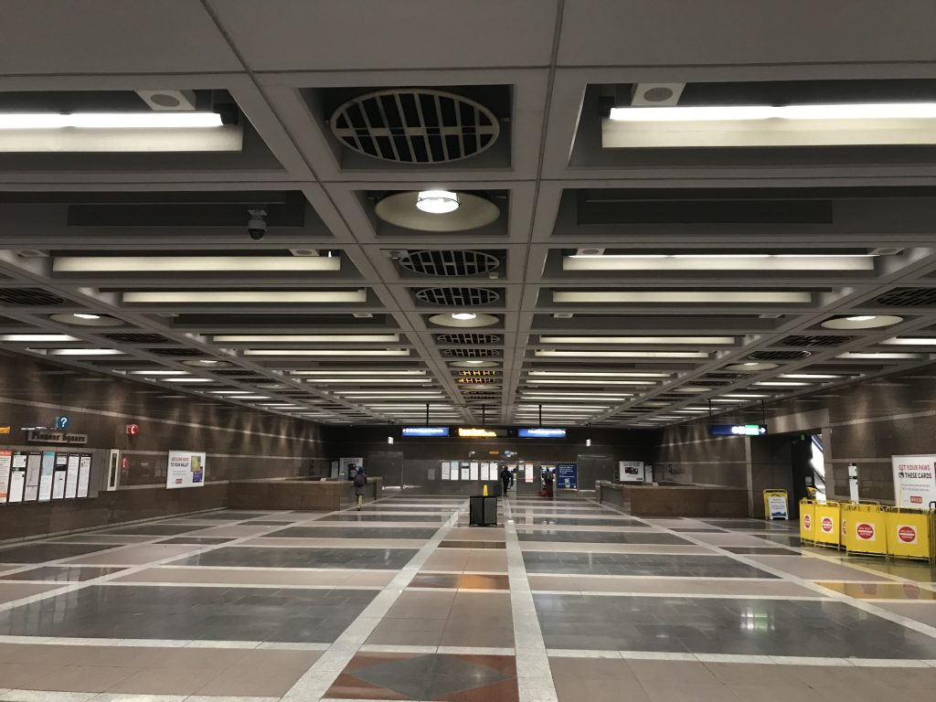 The larger northern mezzanine at Pioneer Square Station looking north.