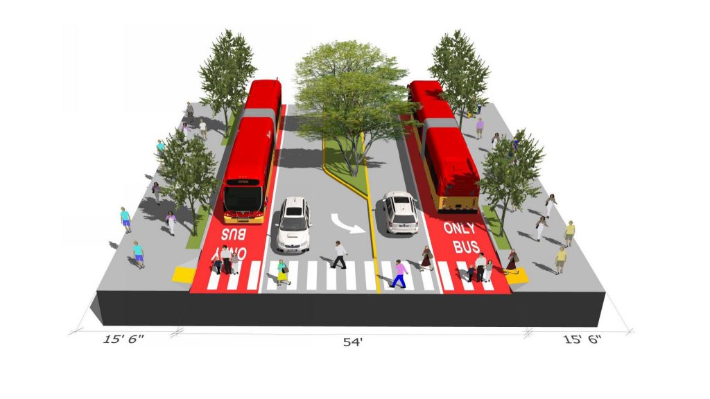 Bus lanes and dropping a general purpose lane in each direction would turn Aurora Avenue into a much safer and more walkable street. (Image by Ryan DiRaimo)