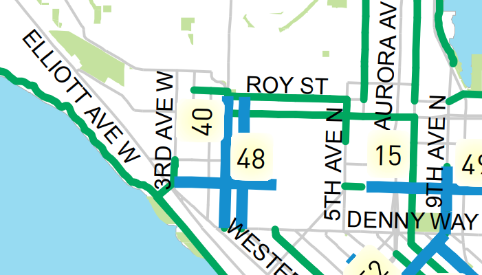 Planned bike facilities through 2024 (blue) as shown on the bicycle master plan's implementation schedule (City of Seattle)
