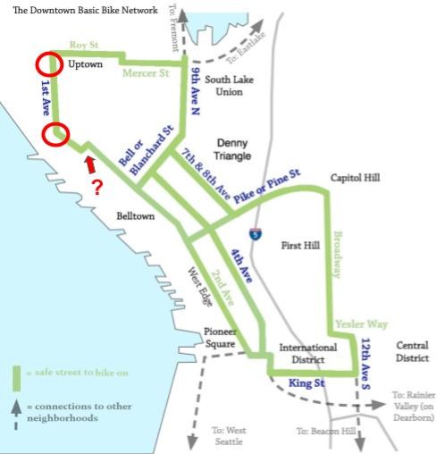 Seattle Greenways and Cascade Bicycle Club envisioned a Basic Bike Network in Seattle's downtown core. The Seattle Center Arena transportation plan was supposed to connect Uptown to it, but two key gaps will let riders down. The Broad Street jog is also a question mark. (Map credit: Seattle Greenways)