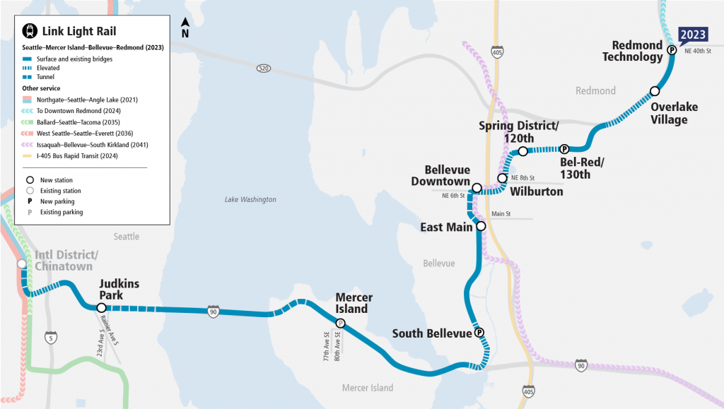 A map of the East Link light rail extension from Judkins Park in Seattle to the Redmond Technology Center. 