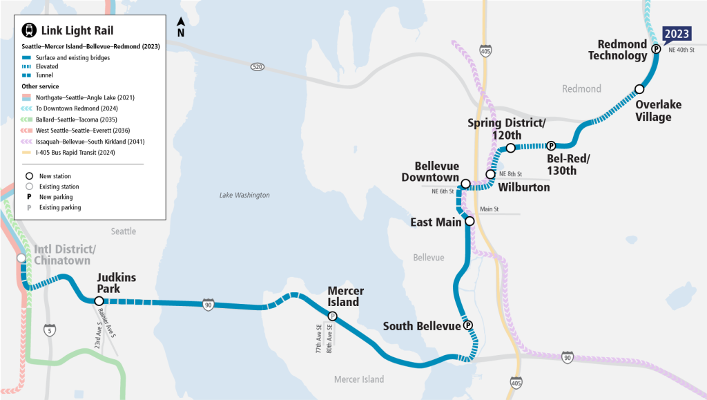 A map of the East Link light rail extension from Judkins Park in Seattle to the Redmond Technology Center.