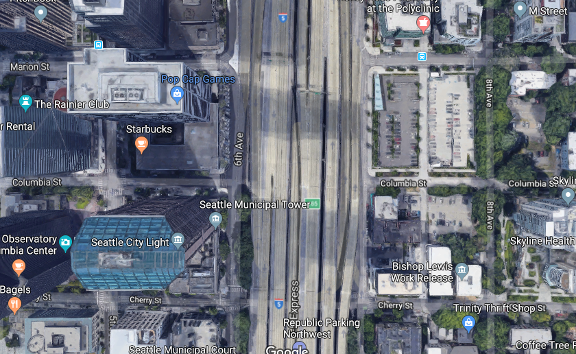 The sheer size of I-5 through Downtown Seattle is staggering. (Google Maps)