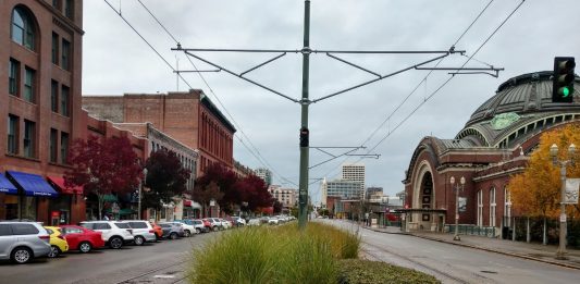 Downtown Tacoma's stretch of Pacific Avenue hosts the Tacoma Link streetcar. (Photo by Doug Trumm)