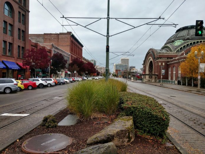 Downtown Tacoma's stretch of Pacific Avenue hosts the Tacoma Link streetcar. (Photo by Doug Trumm)